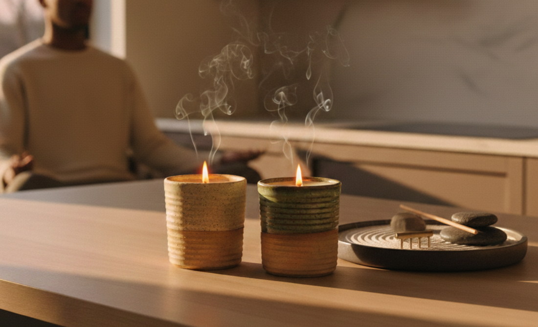 A photo-realistic lifestyle shot of two lit ceramic ReCandle Co candles on a wooden table alongside a minimalist zen garden, featuring a man meditating in the soft-focus background during a warm, golden sunset.