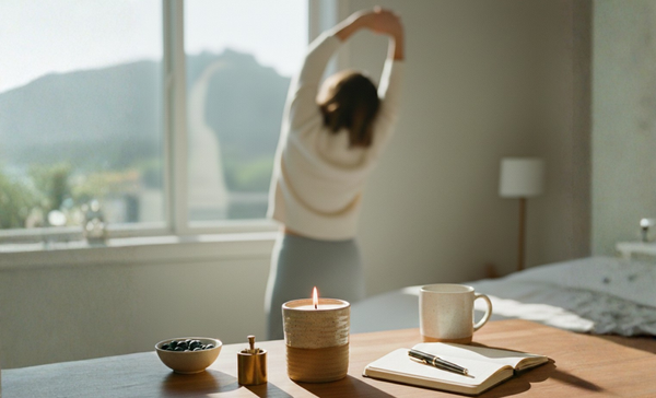 a lit, refillable ceramic candle on a wooden desk next to a journal, coffee mug, and blueberries, with a person stretching by a sunlit window in the soft-focus background.