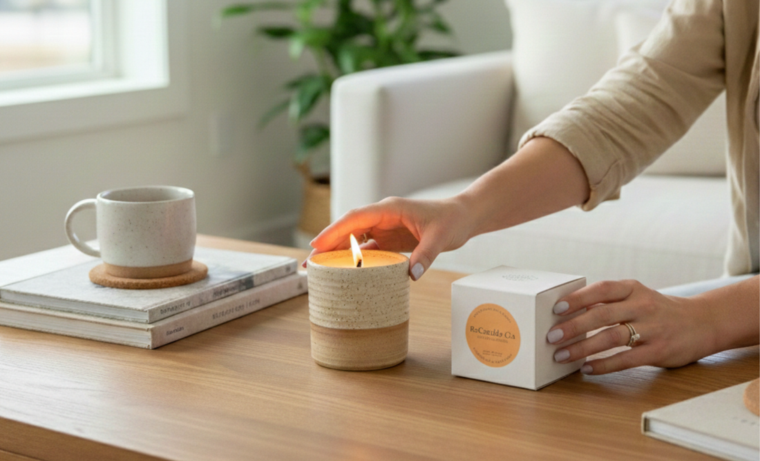 A woman's hands rest near a lit, speckled ceramic refillable candle and its minimal white packaging on a wooden coffee table in a bright, sunlit living room.