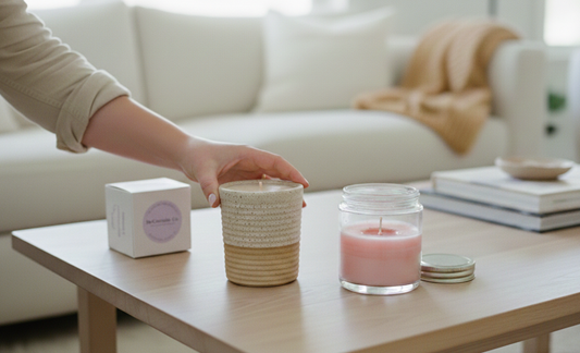 a person's hand reaching for a ceramic refillable candle on a wooden coffee table, positioned next to a traditional pink glass jar candle in a bright, modern living room