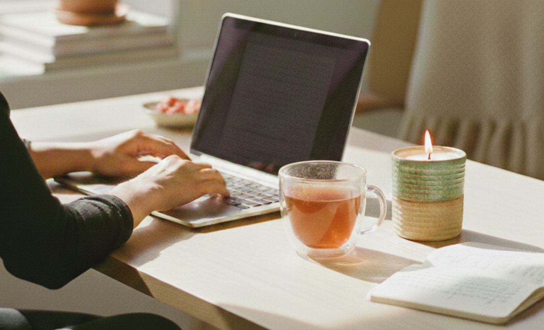 a person working on a laptop at a sunlit wooden desk, featuring a glass mug of tea and a lit ReCandle Co ceramic candle in a calm, minimalist home office.