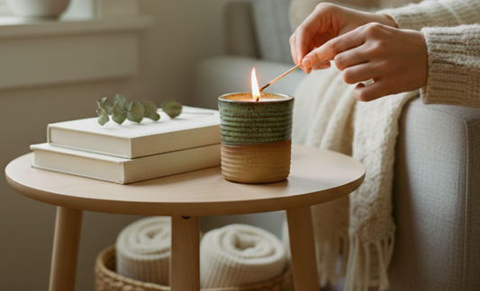 A lifestyle photograph of a person’s hands lighting a textured ceramic ReCandle Co candle on a wooden side table. The cozy setting includes stacked books, a woven basket of blankets, and soft natural window light.