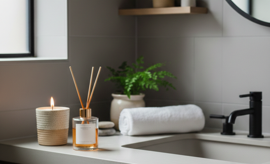 lit ceramic ReCandle Co. candle and a glass reed diffuser on a modern bathroom counter in soft natural light.