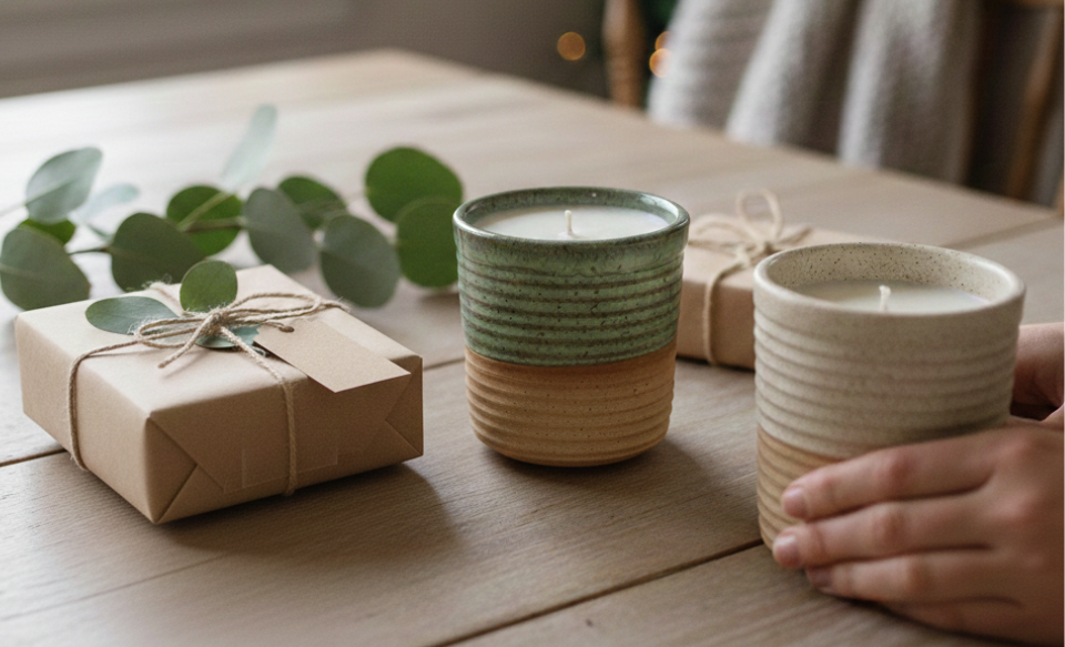 two refillable ceramic candles and a brown paper wrapped gift with eucalyptus on a wooden table, featuring a blurred Christmas tree in the background.