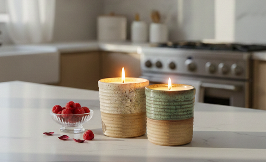 Two lit ceramic candles on a marble kitchen counter next to a small glass bowl of raspberries in soft, natural window light.