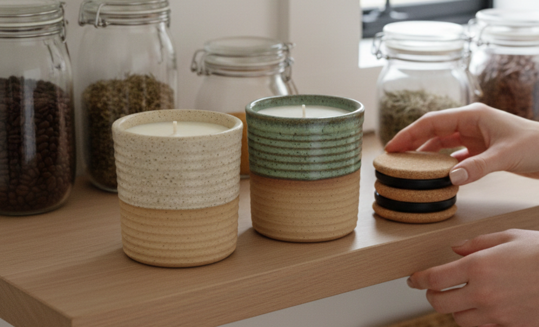 A lifestyle photograph featuring two ceramic refillable candles on a wooden shelf next to glass storage jars, with a person's hands reaching for a cork lid.