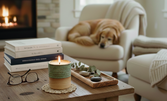 A lighted candle on a wooden coffee table in a cozy living room with a dog resting in the background.