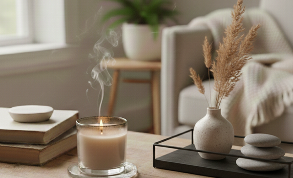 a single lit candle with a subtle soot ring on the glass rim, placed on a wooden table alongside books and a small vase of pampas grass in a sunlit, minimal living room.