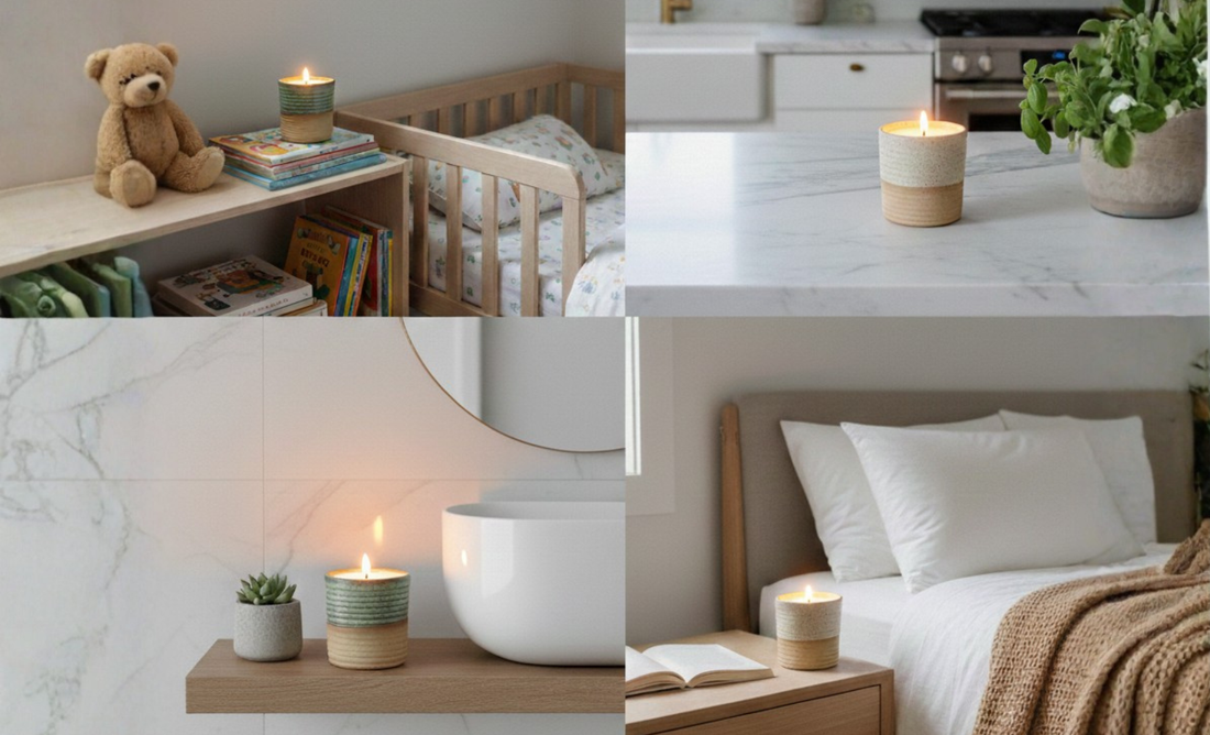 A split-screen editorial photograph featuring four lit ReCandle Co ceramic candles naturally styled in a modern kitchen, cozy bedroom, minimalist bathroom, and bright nursery.