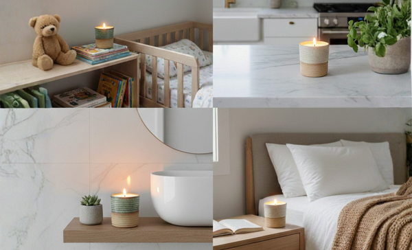 A split-screen editorial photograph featuring four lit ReCandle Co ceramic candles naturally styled in a modern kitchen, cozy bedroom, minimalist bathroom, and bright nursery.