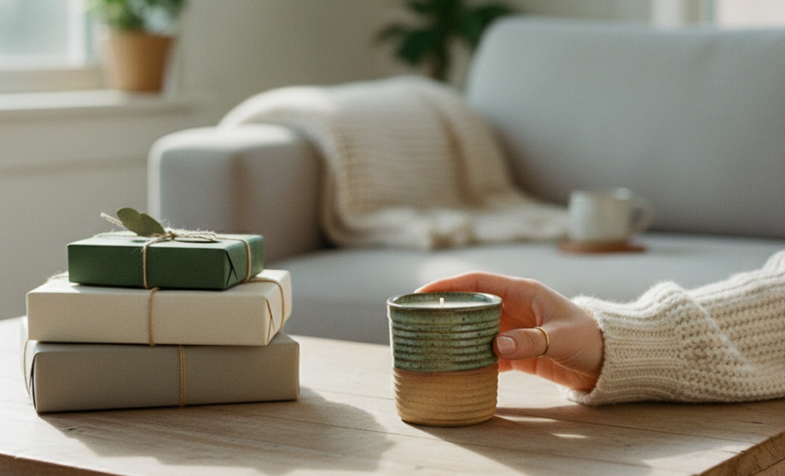 Hand placing a ceramic ReCandle Co candle on a wooden table next to a small stack of sustainably wrapped gifts in a sunlit living room
