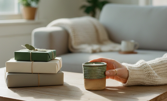Hand placing a ceramic ReCandle Co candle on a wooden table next to a small stack of sustainably wrapped gifts in a sunlit living room