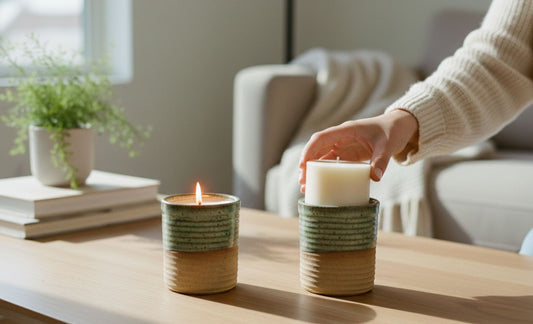 A person's hand placing a ReCandle Co.  refill into a green and tan ceramic vessel on a wooden table.