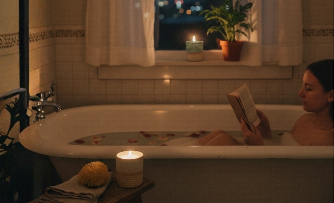 A woman relaxes in a clawfoot bathtub at night, reading a book by candlelight. A teal and cream ceramic ReCandle Co candle sits on a wooden stool in the foreground, while another glow next to a potted plant on the window sill under a soft moonlit sky.