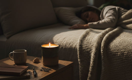 nighttime lifestyle photograph of a lit ReCandle Co ceramic candle on a wooden bedside table, casting a warm glow in a dark bedroom where a person is peacefully sleeping in the background.