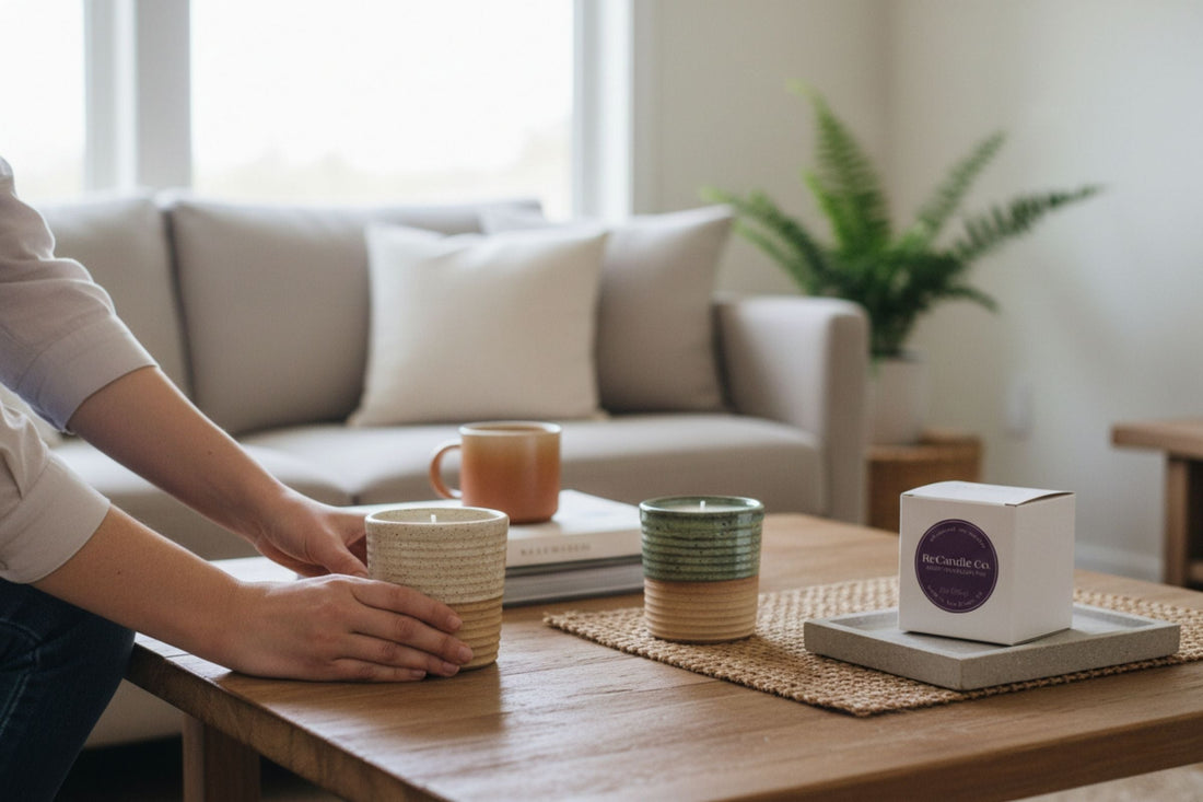 Minimalistic decored houw with women placing Recandleco candle on the table next to the refill box