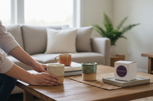 Minimalistic decored houw with women placing Recandleco candle on the table next to the refill box