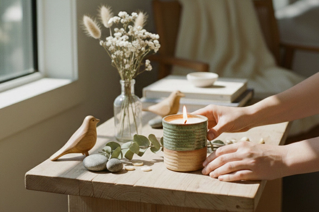 Table decored with leaves, wooden bird, rocks, books and ReCandle Co candle