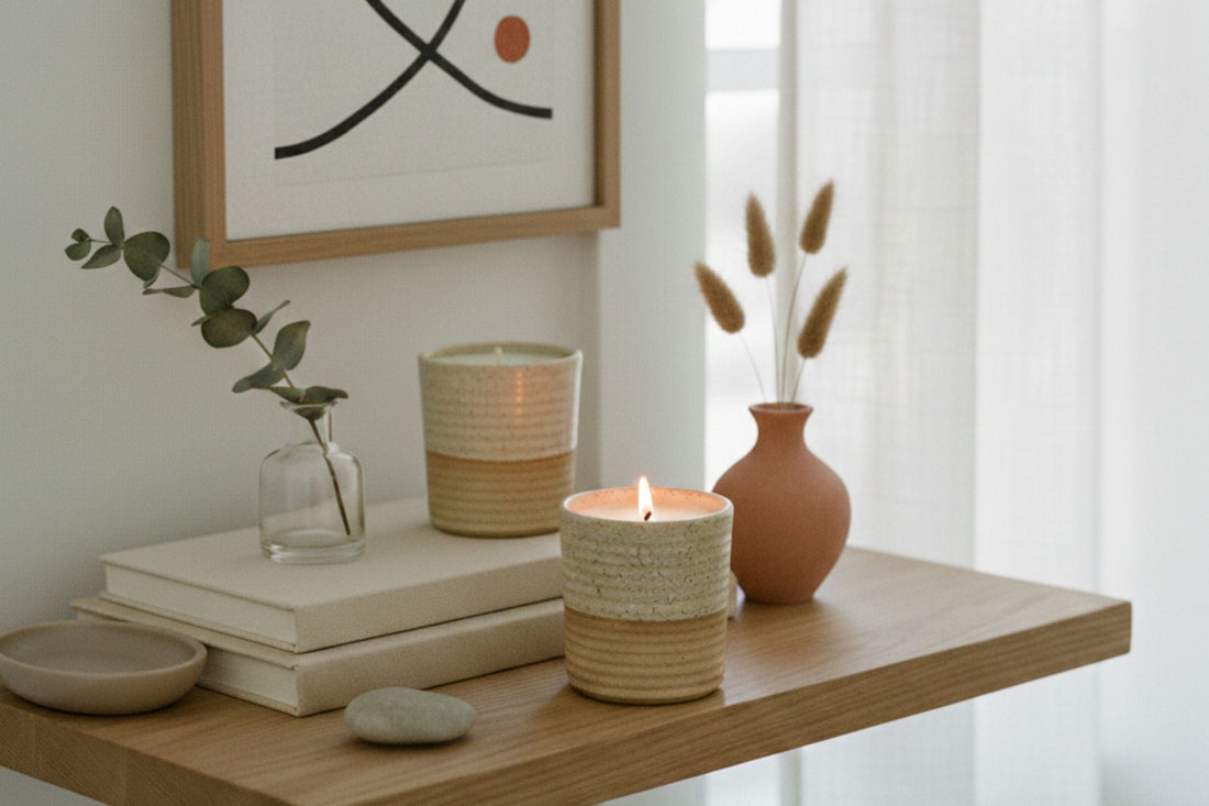 Minimalistic aesthetic decor with ReCandle Co candles and books