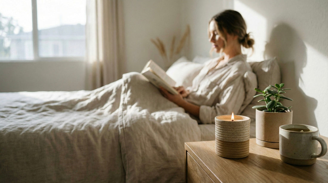 A lit ceramic candle on a nightstand creates a calming atmosphere for a woman reading in bed, illustrating the soothing experience of using candles that don't cause headaches.