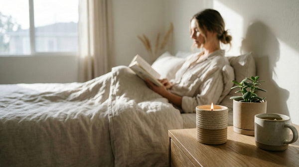 A lit ceramic candle on a nightstand creates a calming atmosphere for a woman reading in bed, illustrating the soothing experience of using candles that don't cause headaches.