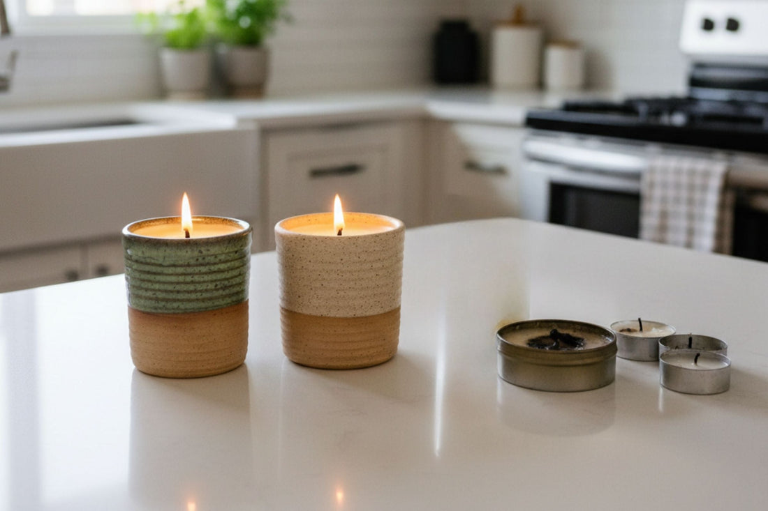 Two ReCandle Co ceramic candles burning on a modern kitchen counter next to used mass-produced glass and tin candles.