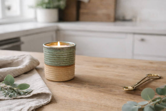 Refillable ceramic candle burning on a wooden countertop in natural light, illustrating candle burn time and longevity