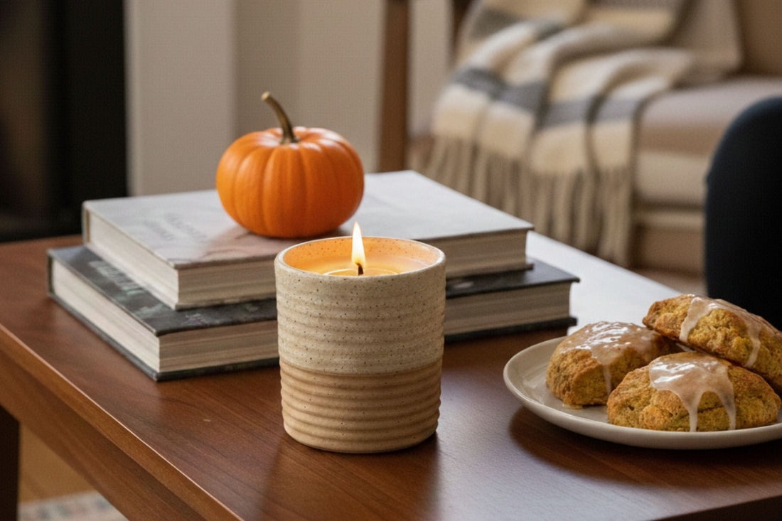 A ReCandleCo candle next to a pumpkin books and pastry