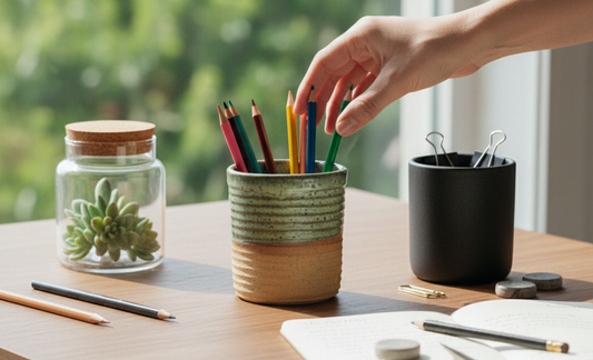 Hand reaching for colored pencils in a repurposed ceramic candle jar on a sunlit wooden desk.