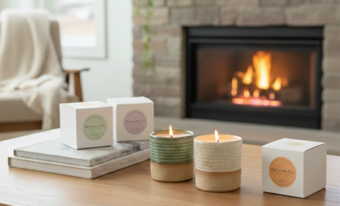 two lit ReCandle ceramic candles on a wooden coffee table, accompanied by branded boxes with colored stickers and linen-bound books, with a soft-focus fireplace and window in the background.