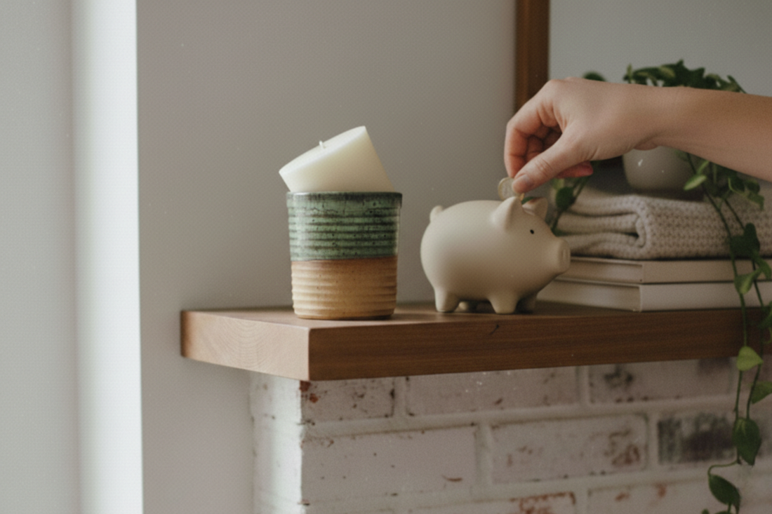 A hand dropping a coin into a ceramic piggy bank on a wooden mantel next to a sustainable ReCandle Co refillable candle.