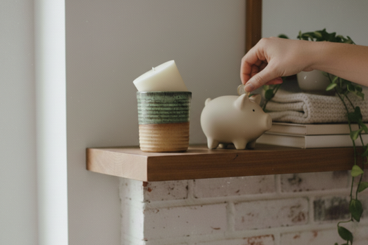 A hand dropping a coin into a ceramic piggy bank on a wooden mantel next to a sustainable ReCandle Co refillable candle.
