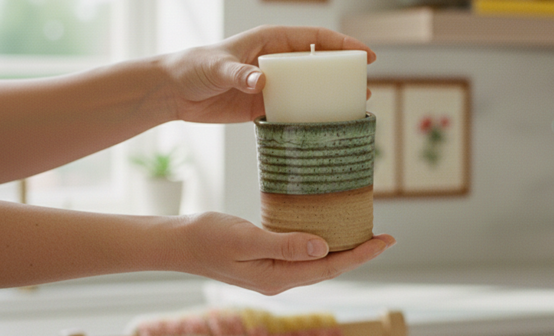 A candle refill being placed in a ReCandle Co. refillable candle