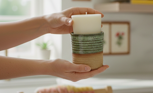 A candle refill being placed in a ReCandle Co. refillable candle
