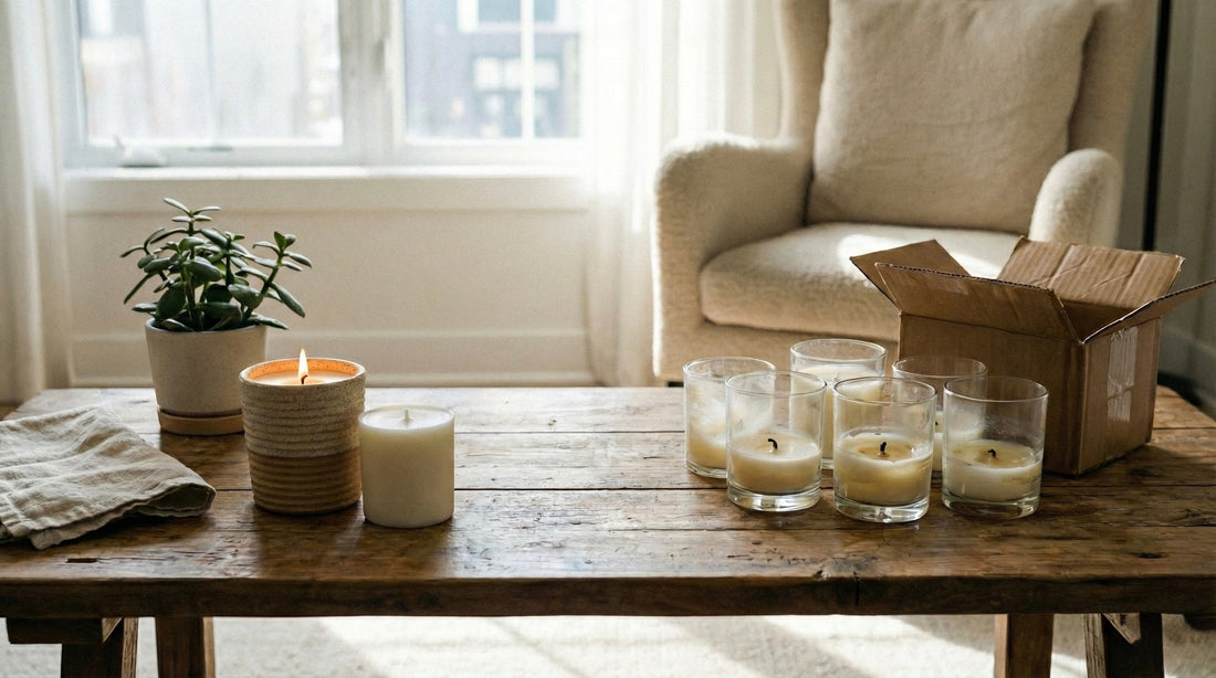 A sunlit lifestyle photograph on a wooden table illustrating the contrast between refillable vs disposable candles.