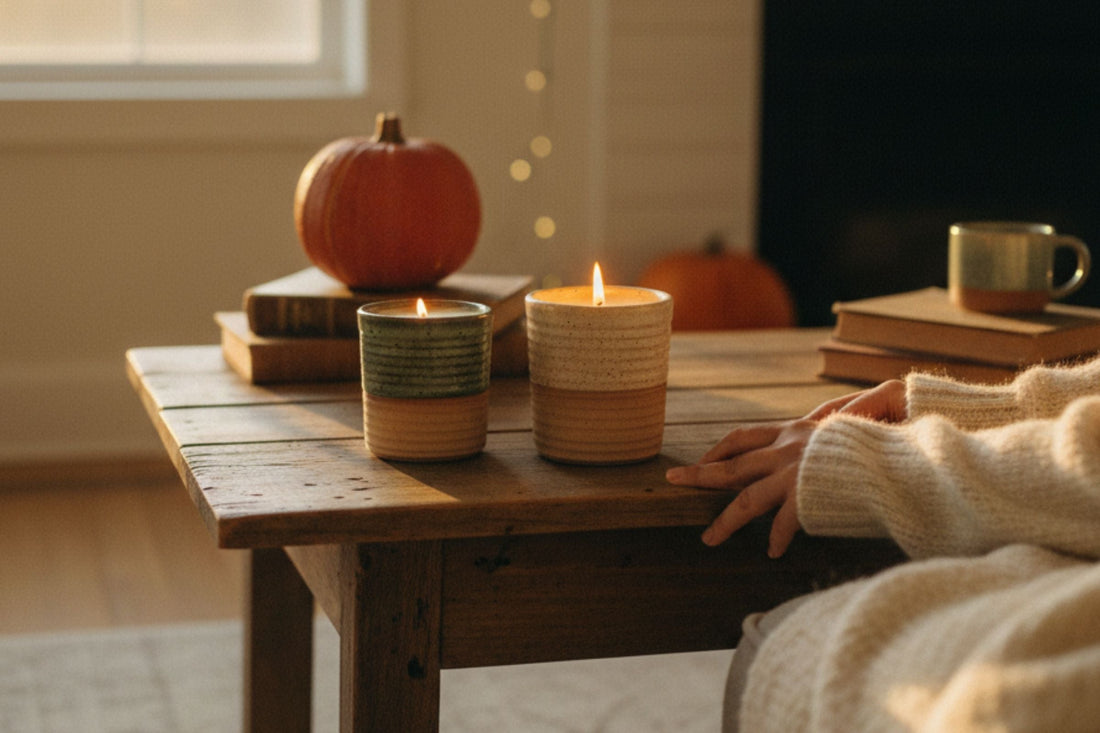 2 ReCandle Co candles on a table decored with books and a pumpkin