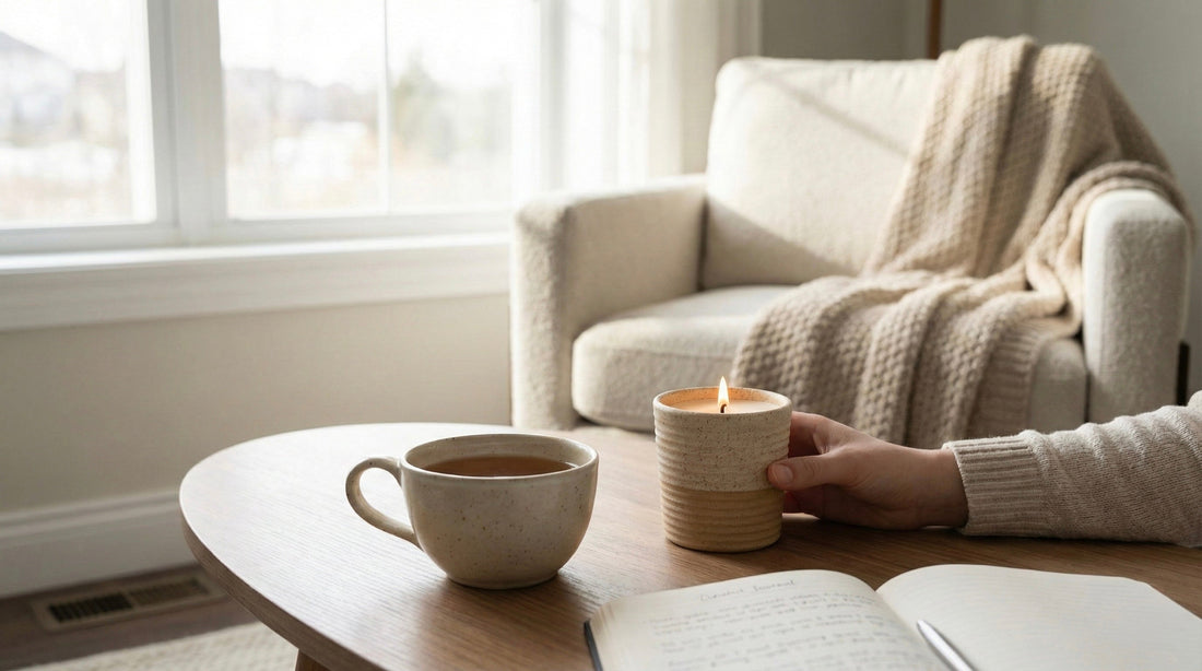 A textured ceramic candle resting on a rustic wooden coffee table beside an open book and soft linen throw, creating a cozy, sunlit atmosphere that illustrates self-care candle rituals for mindful relaxation.