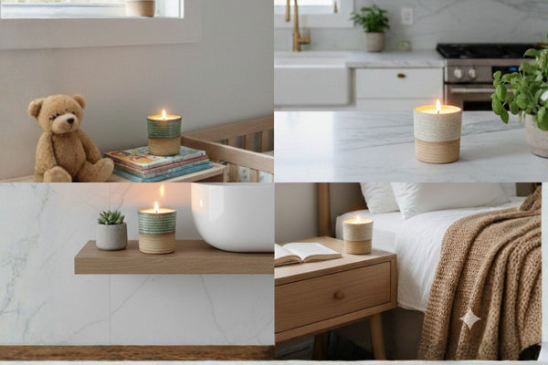 A split-screen editorial photograph featuring four lit ReCandle Co ceramic candles naturally styled in a modern kitchen, cozy bedroom, minimalist bathroom, and bright nursery.