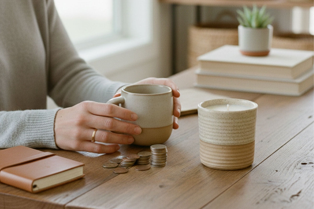 Woman drinking coffee from a mug next to some coins and a ReCandle Co candle