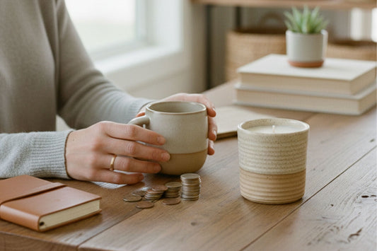 Woman drinking coffee from a mug next to some coins and a ReCandle Co candle