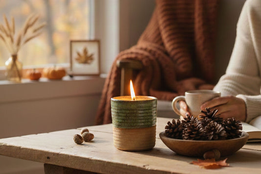 Sustainable decor on a cozy home with ReCandle Co candle next to a bow of pinecones