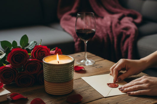 Woman closing and envelope with a glass of wine, a bouque of roses and a ReCandle Co candle