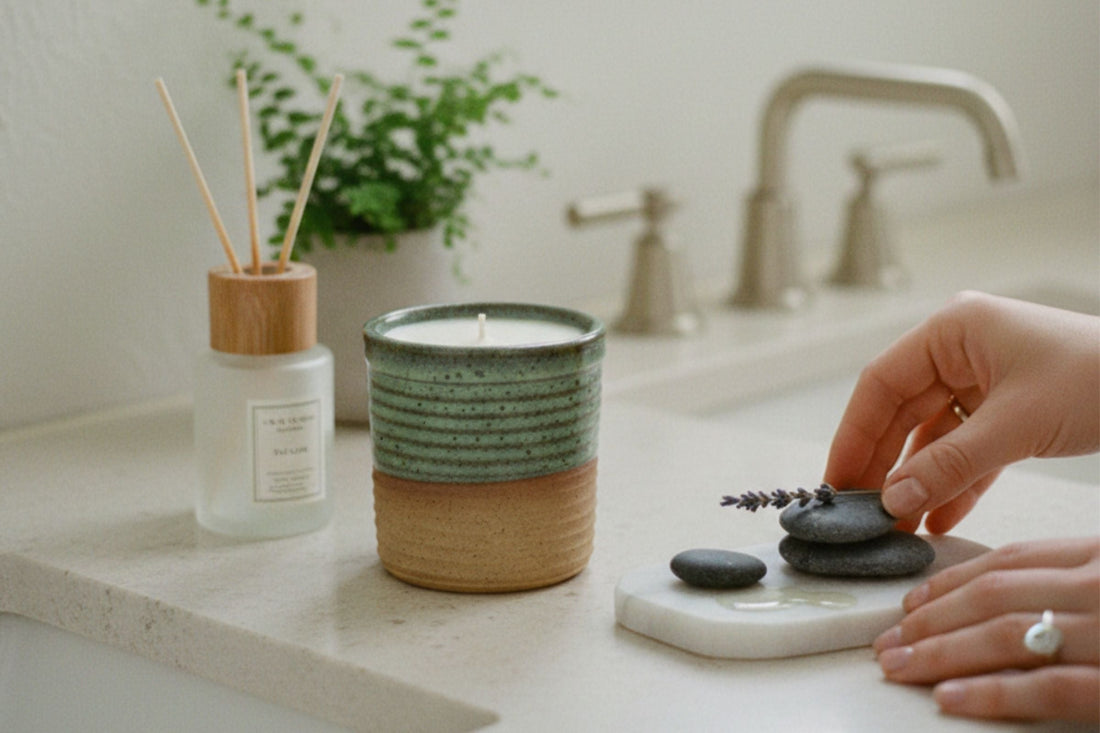 ReCandle Co candle next to a fragance and decor on a minimalistic bathroom