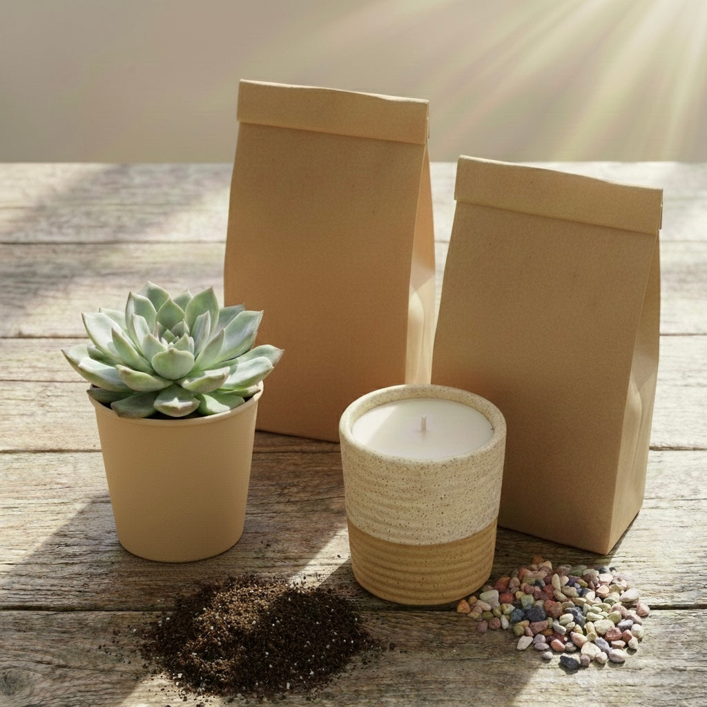 A close-up shot on a rustic wooden table featuring a small, light green succulent plant nestled in a two-toned ceramic pot (the top half speckled cream, the bottom half smooth light brown). To the left of the pot, a small pile of dark soil rests on the table. To the right, a scattering of colorful drainage rocks is visible. In the background, two small, identical brown paper bags stand upright.