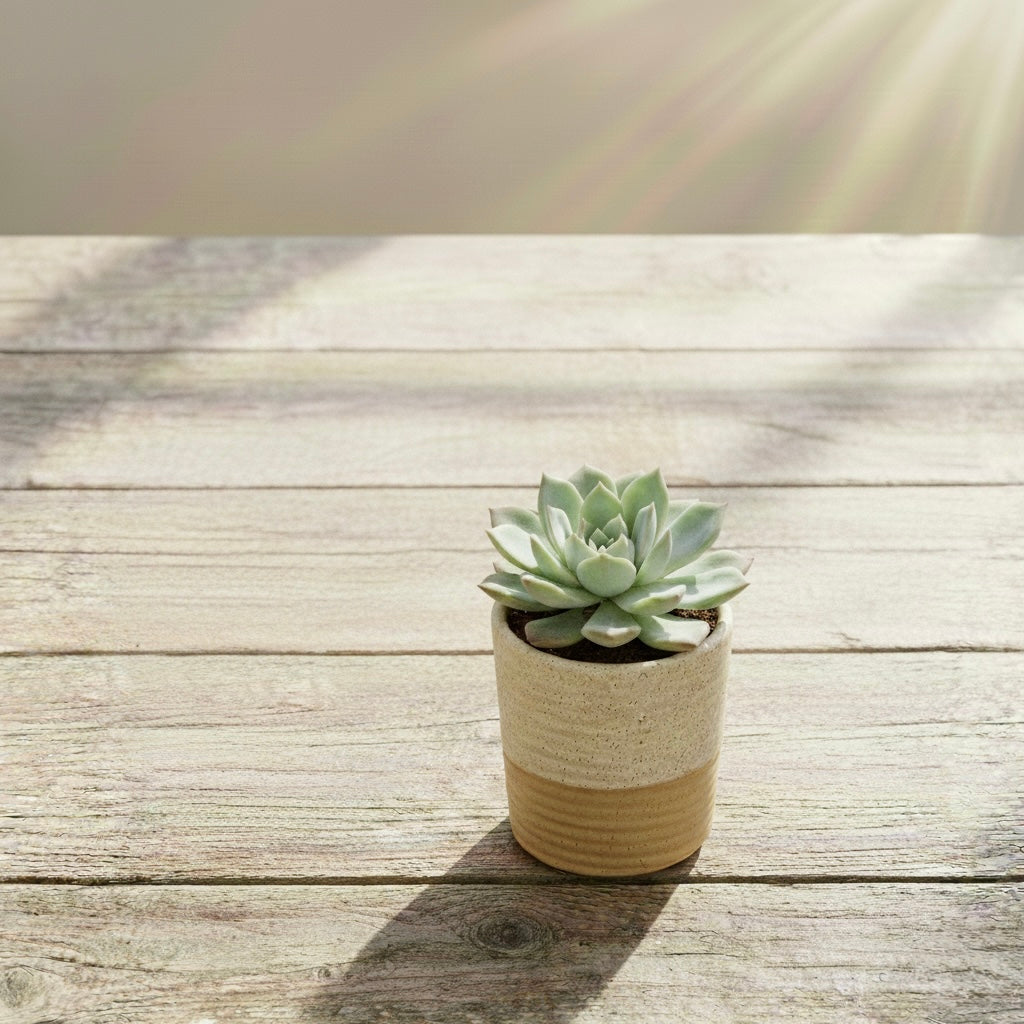 A small, light green succulent plant is placed in a two-toned ceramic pot, with the top half speckled cream and the bottom half smooth light brown. The pot sits on a rustic wooden table with visible grain and subtle shadows.