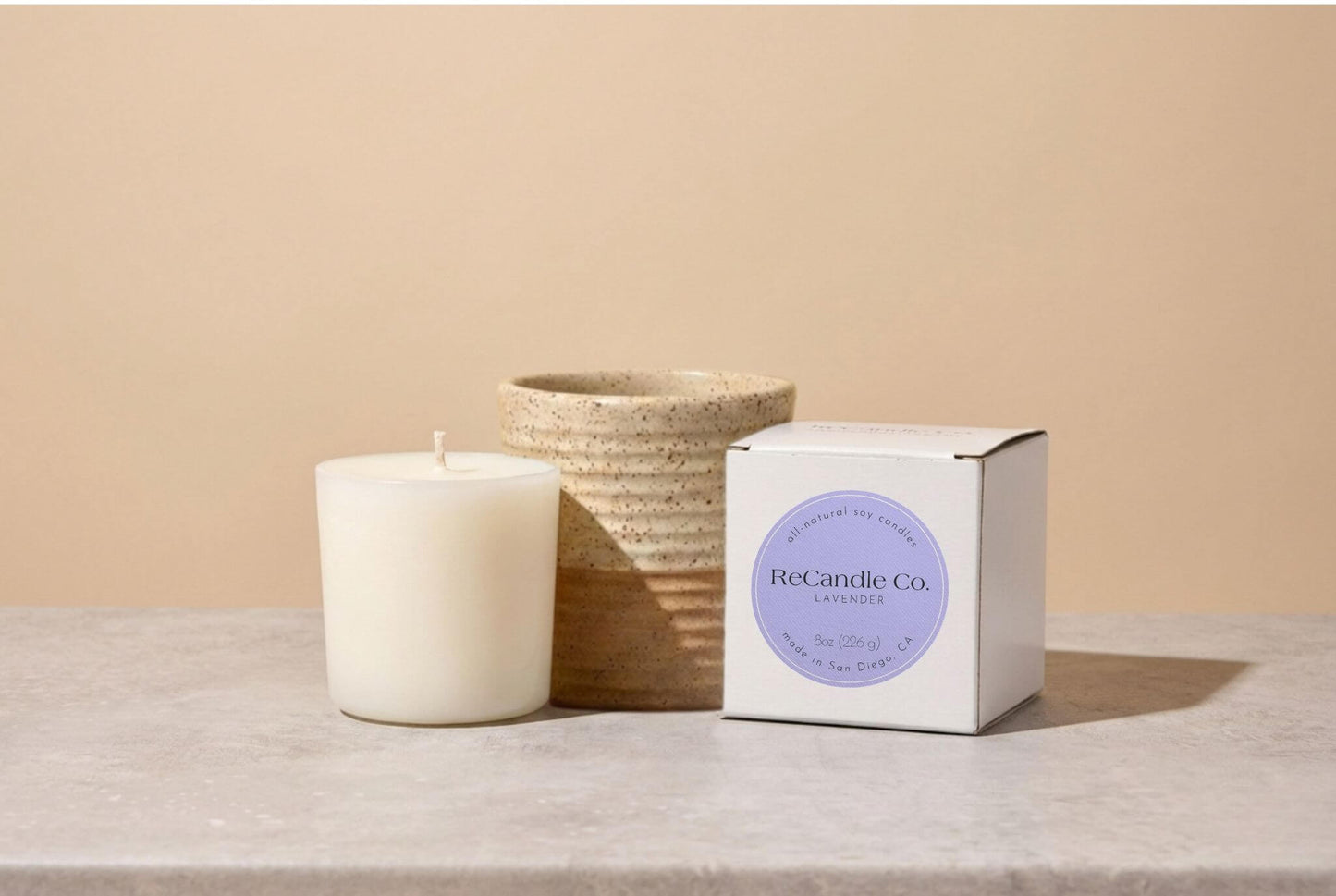 Refillable Lavender candle in handcrafted walnut ceramic jar with soy wax refill
