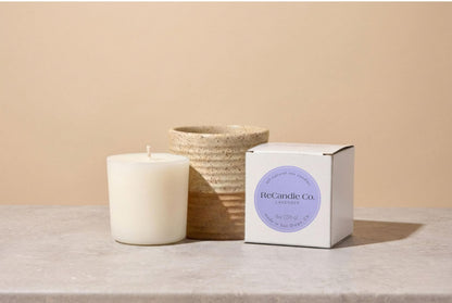 Refillable Lavender candle in handcrafted walnut ceramic jar with soy wax refill