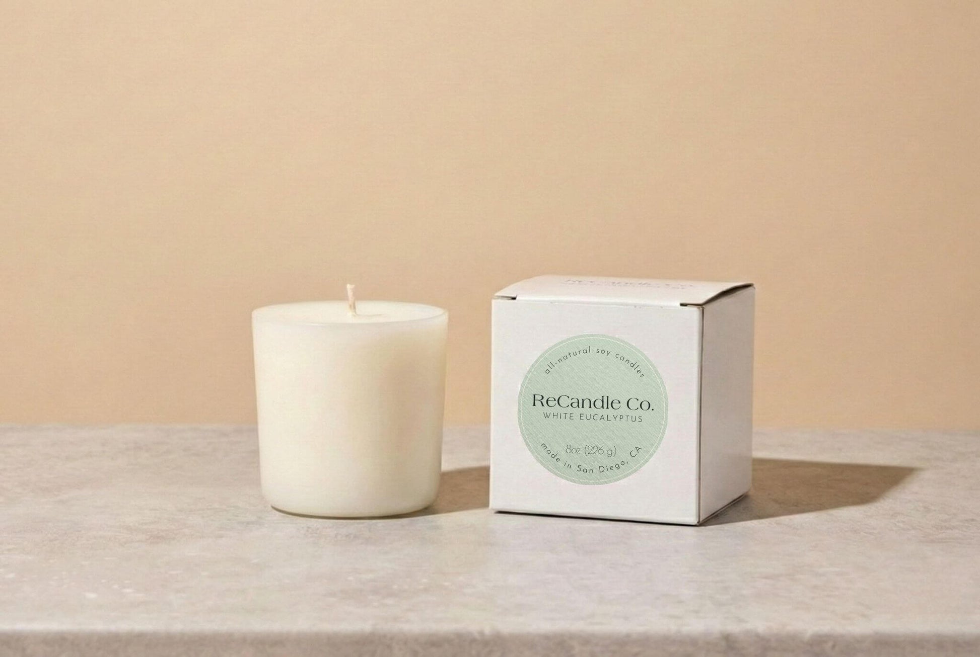 White Eucalyptus natural soy candle refill for ReCandle Co. refillable candles